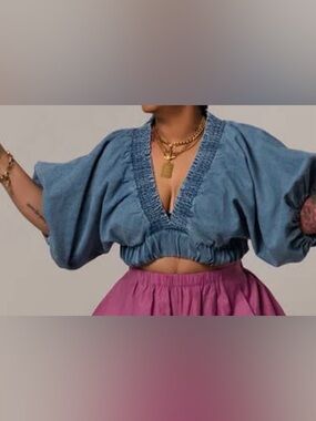 Denim Puff Sleeve Crop Top - Women's Size Large (10)
